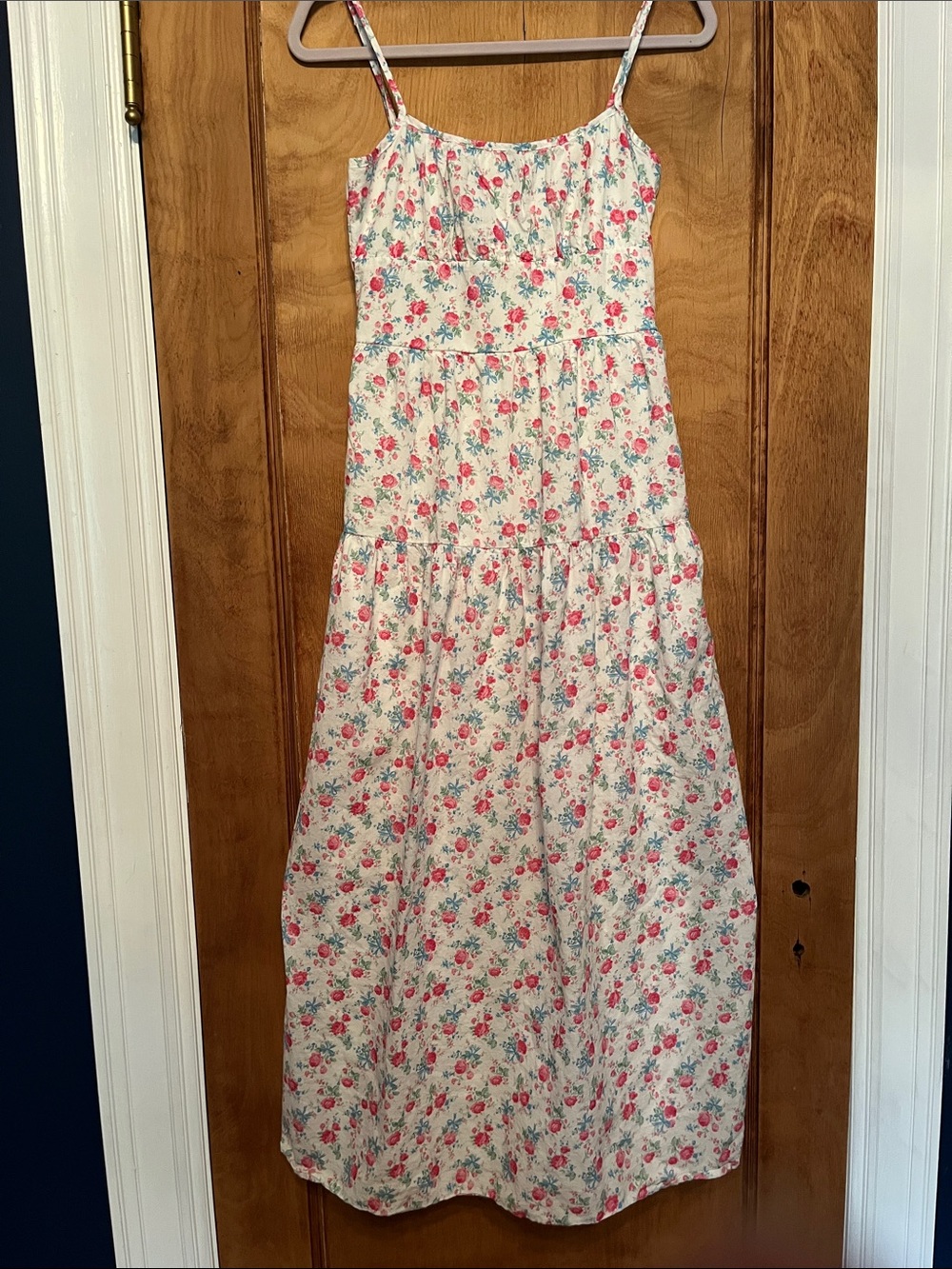 Altar'd State Pink Floral on White Spaghetti-Strap Maxi Dress